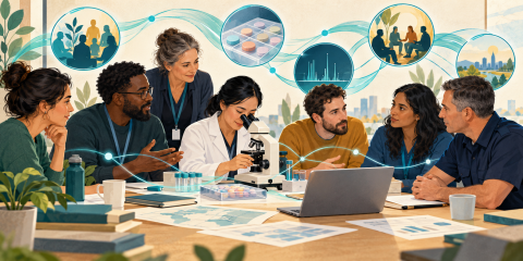 Illustration of community, health, laboratory and law enforcement professionals sharing information around a table, with connecting lines representing a coordinated response to emerging drug threats.