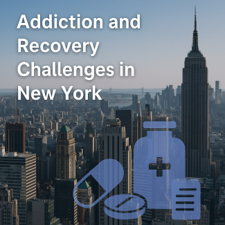 Digital banner image showing the New York City skyline blended with healthcare and recovery symbols, representing addiction policy, treatment access, and community support initiatives across New York State.