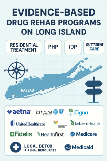 Evidence-based drug rehab programs on Long Island showing comprehensive addiction treatment facilities in Nassau and Suffolk County with residential, PHP, IOP, and outpatient care options