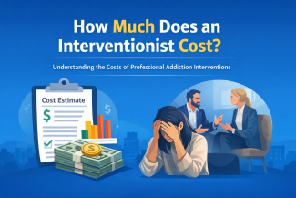Illustration showing how much a professional interventionist costs, featuring a cost estimate clipboard with dollar signs and bar chart, stack of cash with coins, and a family meeting with a counselor helping a distressed woman while two people discuss treatment options in the background.