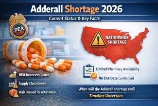 Adderall shortage 2026 infographic showing DEA quota changes, supply issues, and current medication availability in the United States