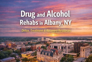 Aerial view of Albany, New York at sunset with the text Drug and Alcohol Rehabs in Albany, NY and Detox, Treatment and Recovery Resources
