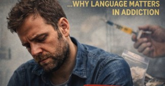 The J-word junkie shown as a stigmatizing label in addiction with a man looking down in shame illustrating why person-first language matters in substance use treatment and recovery