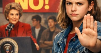 Just Say No anti-drug campaign history showing a young girl refusing drugs with Nancy Reagan era campaign poster in the background representing the 1980s War on Drugs prevention movement