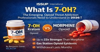 What is 7-OH? Infographic comparing 7-hydroxymitragynine kratom opioid to morphine – up to 22x stronger, gas station opioid epidemic, withdrawal lasts months – by Benjamin Zohar NCACIP for ISSUP International