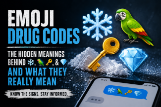 Emoji Drug Codes infographic showing the ❄️ snowflake, 🦜 parrot, 🔑 key, and 💎 diamond as examples of emojis that may be used in cocaine-related slang in text messages and social media, emphasizing that context matters.