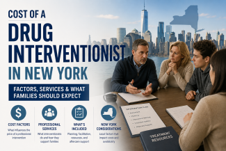 Educational graphic about the cost of hiring a drug interventionist in New York, including factors that influence pricing, services provided, and family intervention planning.