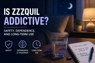 Nighttime illustration showing a bedside table with a glass of water, a purple capsule, and a checklist about sleep aid dependence next to the title "Is ZzzQuil Addictive? Safety, Dependence, and Long-Term Use."