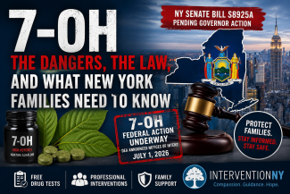 Illustration highlighting 7-hydroxymitragynine (7-OH), New York Senate Bill S8925A, and proposed restrictions on high-concentration 7-OH products. The image features New York State, a judge's gavel, kratom leaves, 7-OH tablets, and messaging about pending state legislation, federal regulatory action, family safety, and substance use prevention.