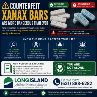 Counterfeit Xanax bars warning infographic comparing authentic prescription alprazolam to fake pills that may contain fentanyl, with overdose risk information and Long Island addiction treatment resources for Nassau and Suffolk County.