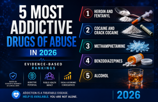 Infographic ranking the five most addictive drugs in 2026: heroin and fentanyl, cocaine and crack cocaine, methamphetamine, benzodiazepines, and alcohol.