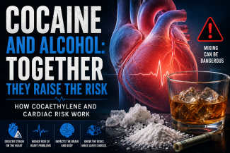 OG image explaining the cardiac risks of mixing cocaine and alcohol, including cocaethylene formation and increased strain on the heart.