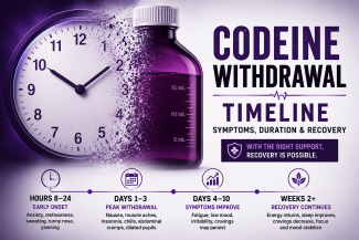 Illustration of a clock fading into a tapering codeine syrup bottle, representing the timeline of codeine withdrawal symptoms, peak withdrawal, recovery stages, and duration.