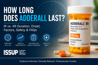 Medical illustration showing how long Adderall lasts with a comparison of immediate-release (IR) and extended-release (XR) duration, onset, and safety information.