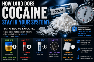 Infographic showing how long cocaine and its metabolite may be detected in urine, blood, saliva, hair, and sweat patch tests.