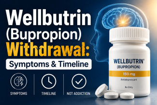 Medical illustration about Wellbutrin (bupropion) withdrawal symptoms, expected timeline, and discontinuation after stopping the medication.
