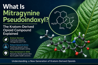 Infographic explaining mitragynine pseudoindoxyl, a kratom-derived opioid compound chemically related to 7-hydroxymitragynine (7-OH), including its relationship to kratom, opioid receptor activity, and 2026 Florida and DEA scheduling actions.