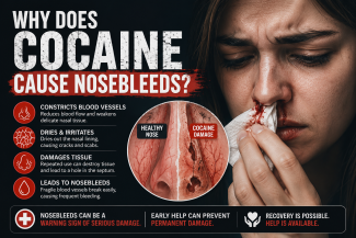Medical illustration showing a young adult with a cocaine-related nosebleed and a comparison of healthy nasal tissue versus cocaine-damaged tissue, explaining how cocaine restricts blood flow, damages the nasal lining, and can lead to recurrent nosebleeds and septal perforation.