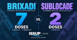 Brixadi vs Sublocade comparison card showing Brixadi's seven weekly and monthly buprenorphine doses against Sublocade's two monthly doses.