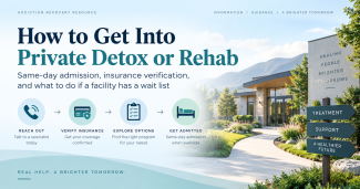 How to get into private detox or rehab, showing treatment navigation steps including contacting a specialist, verifying insurance, exploring treatment options, and coordinating admission.