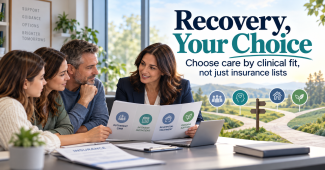 Family reviewing rehab options with a professional treatment navigator, emphasizing choosing addiction treatment by clinical fit rather than insurance company provider lists.