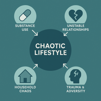 Infographic illustrating the Chaotic Lifestyle Model. Four primary contributors—substance use, unstable relationships, household chaos, and trauma/adversity—are shown feeding into a central “Chaotic Lifestyle” circle. Designed for educational use in addiction treatment, mental health services, and public-health training.