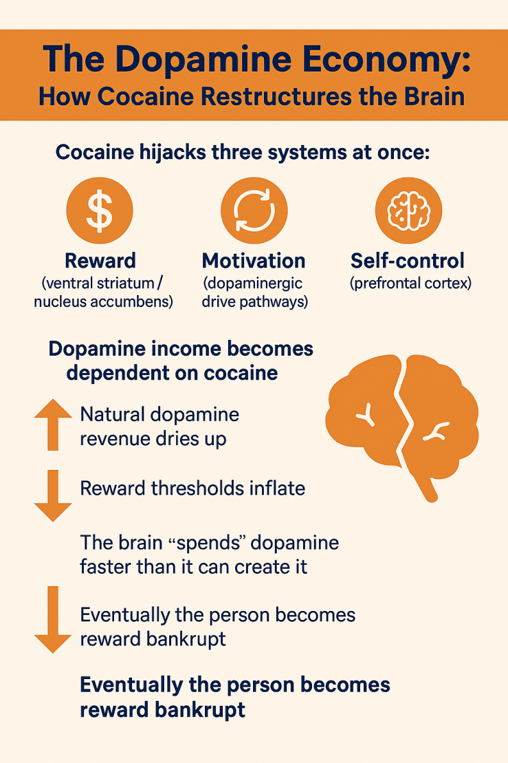 A 2D infographic illustrating how cocaine restructures the brain’s dopamine economy by disrupting reward, motivation, and self-control systems. Shows dopamine depletion, inflated reward thresholds, and the progression to reward bankruptcy as documented in stimulant addiction neuroscience.