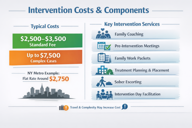 Infographic displaying intervention costs and components: typical costs range from $2,500-$3,500 standard fee up to $7,500 for complex cases, with NY Metro example at $2,750 flat rate. Key intervention services listed include family coaching, pre-intervention meetings, family work packets, treatment planning and placement, sober escorting, and intervention day facilitation. Note indicates travel and complexity may increase cost.