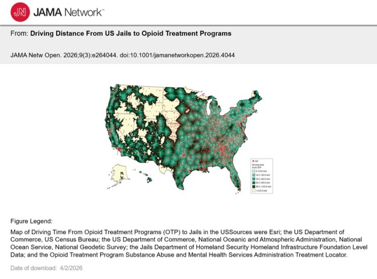 Map of Driving Time From Opioid Treatment Programs (OTP) to Jails in the US