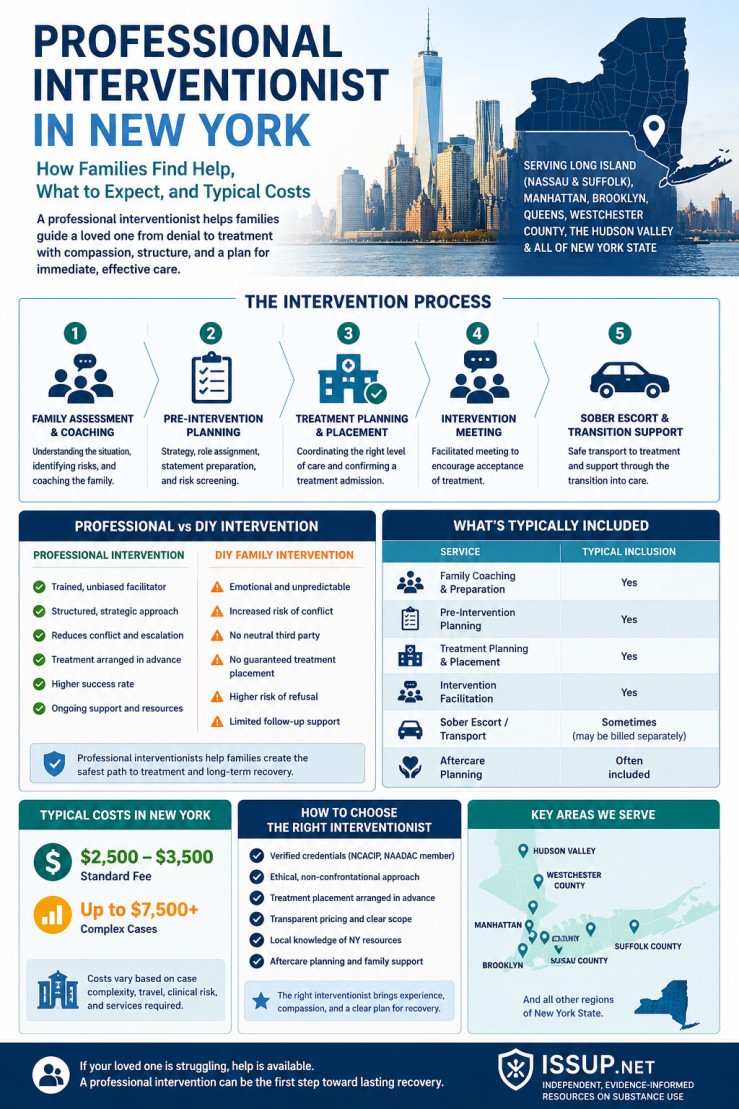 Professional interventionist in New York infographic showing the intervention process, professional vs DIY comparison, services included, typical costs of $2,500–$3,500, and areas served across Long Island, NYC, Westchester, and the Hudson Valley.