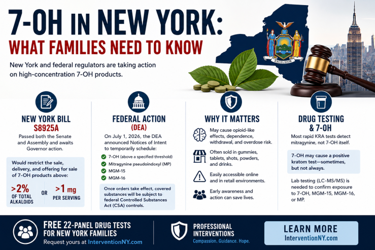 Infographic explaining New York Senate Bill S8925A, the DEA's temporary scheduling action involving 7-hydroxymitragynine (7-OH), why high-concentration 7-OH products are a public health concern, and why standard kratom urine tests may not specifically detect 7-OH.