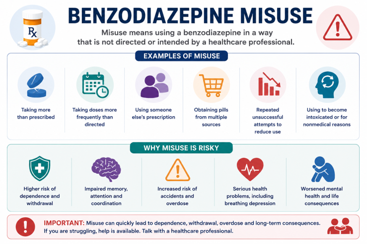 Infographic explaining examples of benzodiazepine misuse and associated risks, including dependence, withdrawal, impaired coordination, overdose, and mental health consequences.