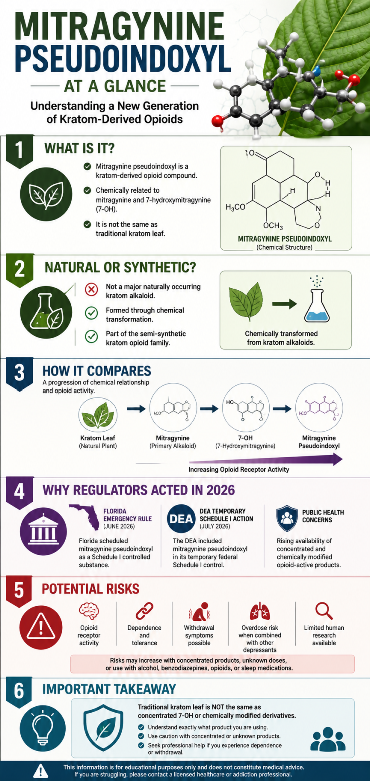 Infographic summarizing what mitragynine pseudoindoxyl is, how it differs from traditional kratom and 7-OH, why it was scheduled by Florida and the DEA in 2026, and the potential risks associated with concentrated kratom-derived opioid compounds.