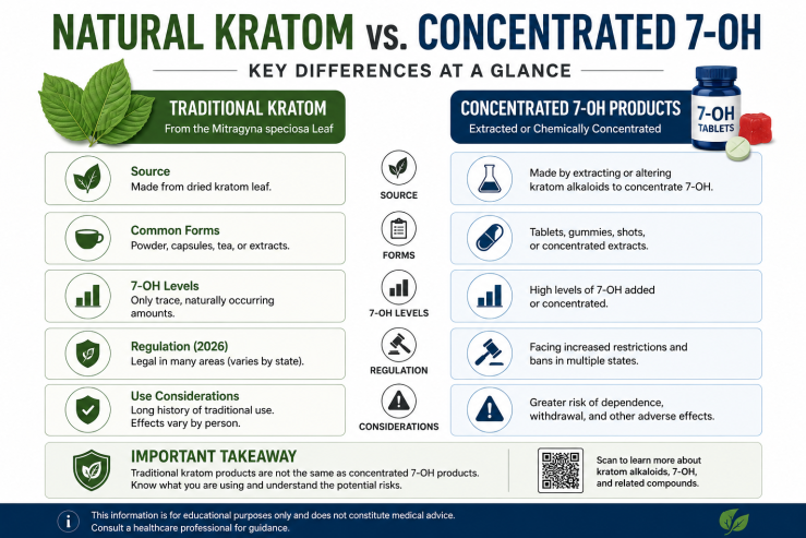 This infographic compares traditional kratom with concentrated 7-OH products, showing how they differ in origin, formulation, alkaloid concentration, regulatory status, and potential risks. Understanding these differences is essential because concentrated 7-OH products are pharmacologically distinct from natural kratom leaf.