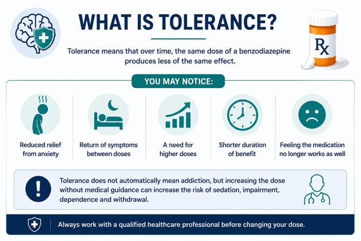 Infographic explaining benzodiazepine tolerance, including reduced medication effects, symptoms returning between doses, shorter duration of relief, and the risks of increasing the dose without medical guidance.